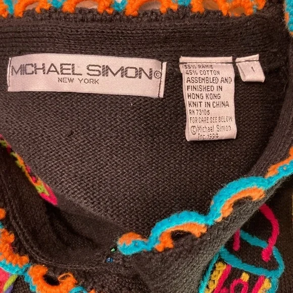 Vintage 1994 Michael Simon multi color crochet patch sweater Size S Purses - Picture 12 of 16